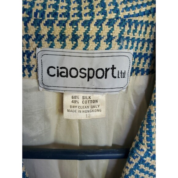 Vtg Ciaosport Ltd. Women’s Teal & Beige Houndstooth Blazer Silk and Cotton Sz 12 - Picture 3 of 12